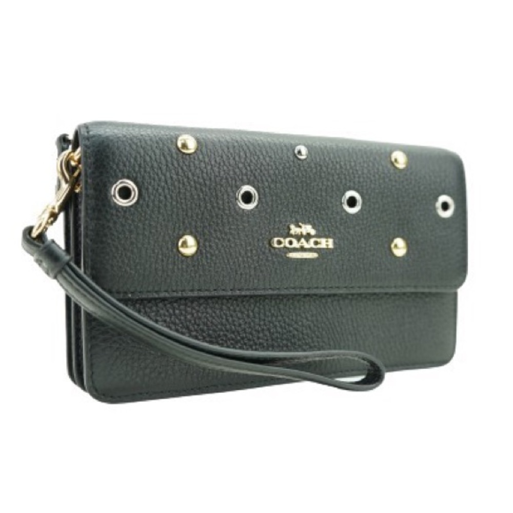 NWT! Coach Black Pebbled Leather Foldover Wristlet w/ Gold & Silver Grommets